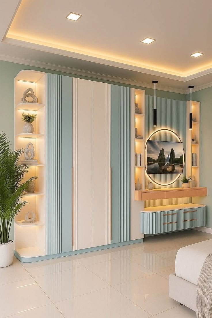 A bedroom with a floor-to-ceiling wardrobe in a warm wood finish