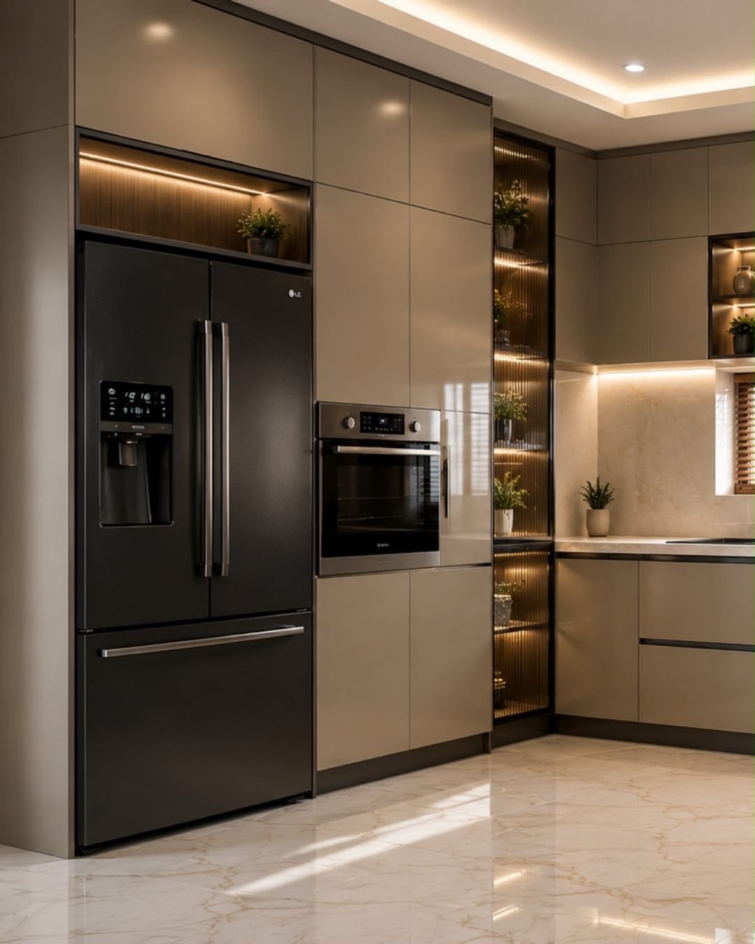 A dark, marble-finished modular kitchen with matte black cabinetry