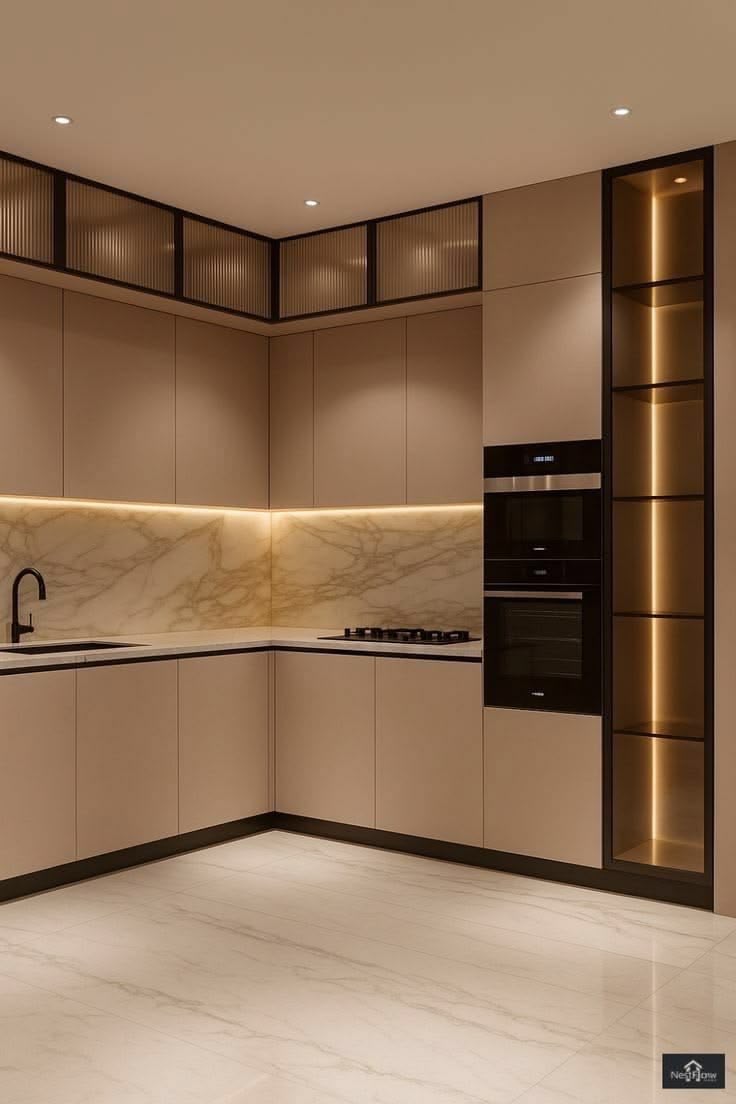 A modular kitchen with matte cabinetry and a marble-finish countertop