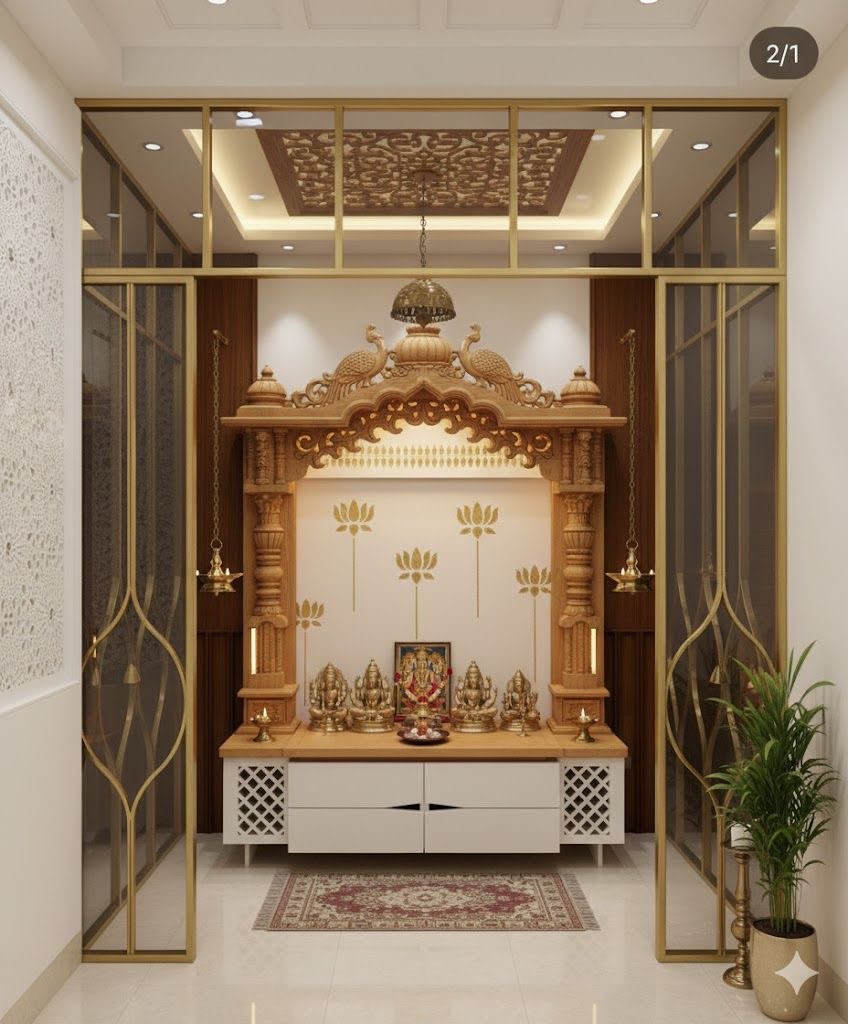 A floor-to-ceiling glass and brass framed temple room with a hand-carved wooden archway and marble platform